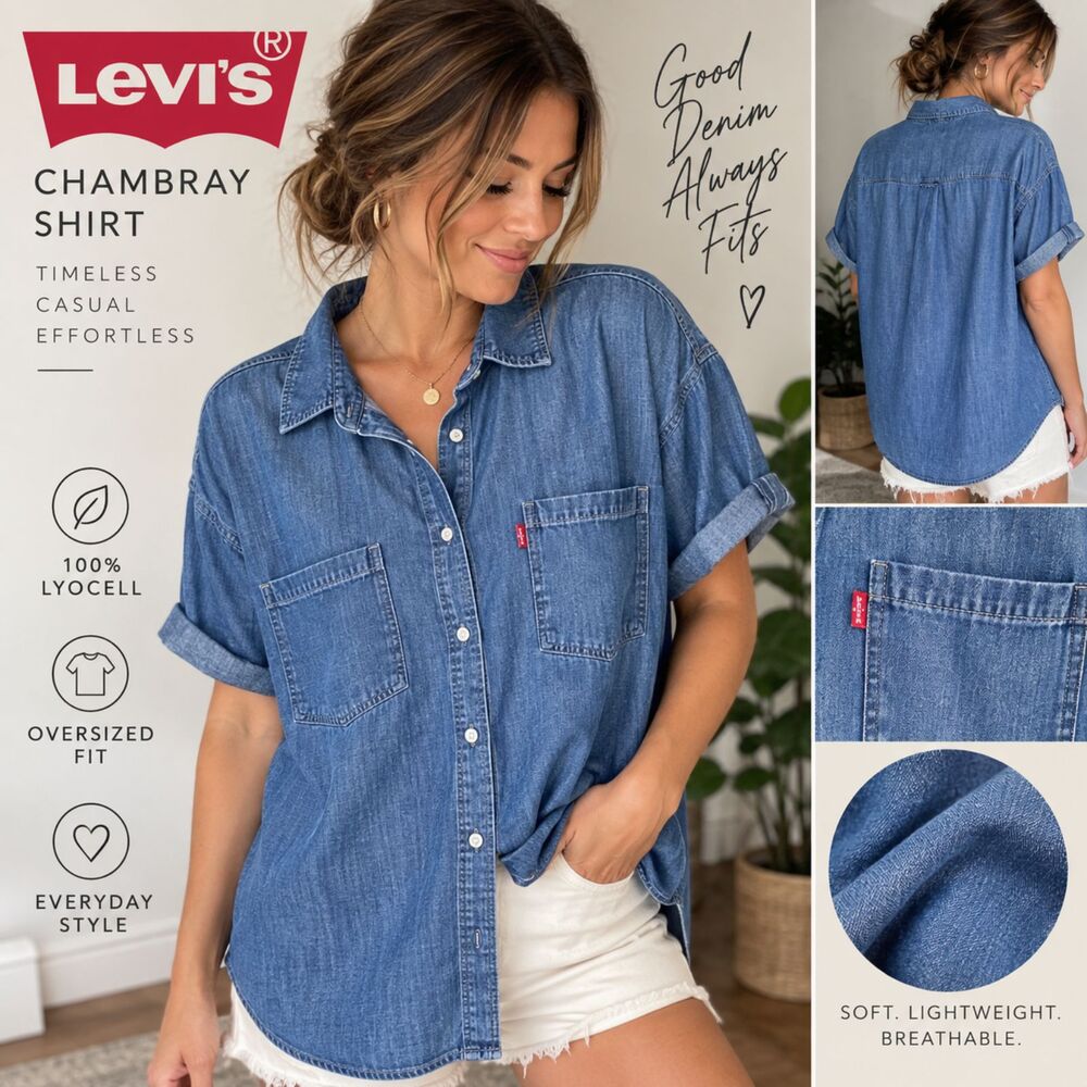 Levi’s Women XL Blue Chambray Shirt Lyocell Oversized Short Sleeve Button Up